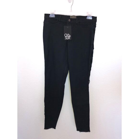 Chaser Canvas Utility Frayed Hem Lace-up Detail Black Pants - M - Picture 1 of 7